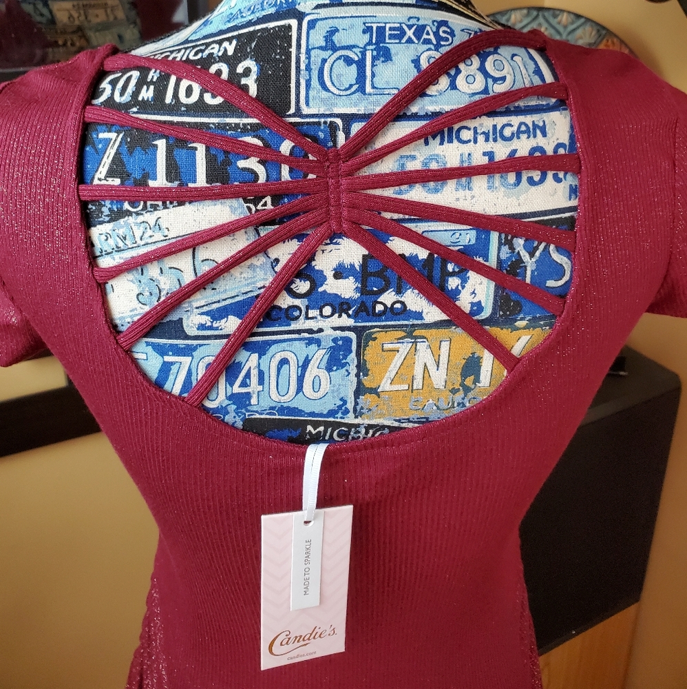 CANDIE'S BURGUNDY GOLDEN SHIMMER STRAPPY BACK TOP! - Picture 5 of 15